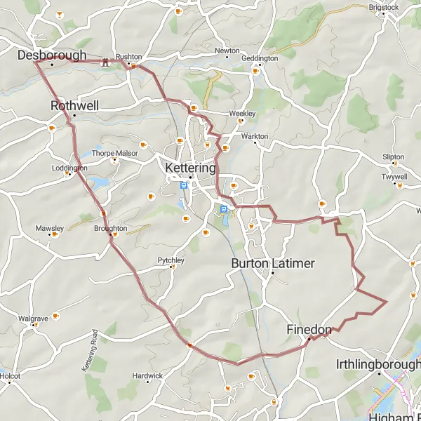Map miniature of "Hidden Gems of Northamptonshire" cycling inspiration in Leicestershire, Rutland and Northamptonshire, United Kingdom. Generated by Tarmacs.app cycling route planner