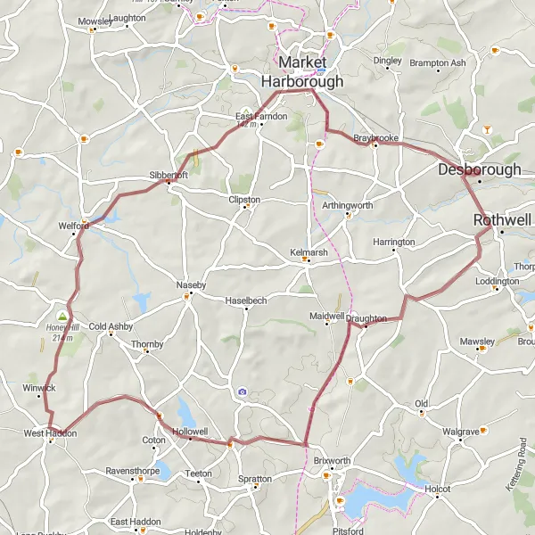 Map miniature of "Rural Gravel Adventure to Braybrooke" cycling inspiration in Leicestershire, Rutland and Northamptonshire, United Kingdom. Generated by Tarmacs.app cycling route planner