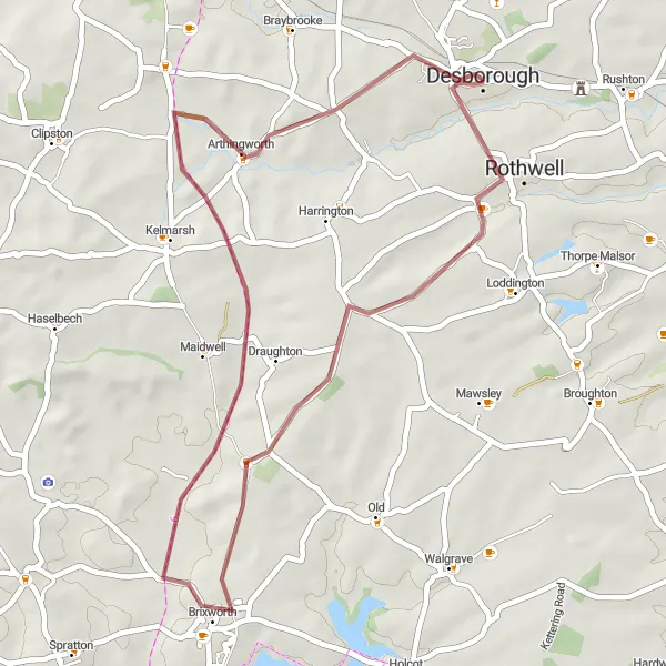 Map miniature of "The Gravel Adventure" cycling inspiration in Leicestershire, Rutland and Northamptonshire, United Kingdom. Generated by Tarmacs.app cycling route planner