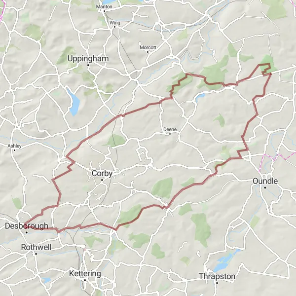 Map miniature of "Historic Pipewell Gravel Ride" cycling inspiration in Leicestershire, Rutland and Northamptonshire, United Kingdom. Generated by Tarmacs.app cycling route planner