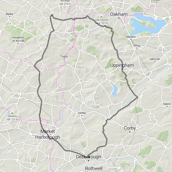 Map miniature of "Challenging Road Ride to Market Harborough" cycling inspiration in Leicestershire, Rutland and Northamptonshire, United Kingdom. Generated by Tarmacs.app cycling route planner