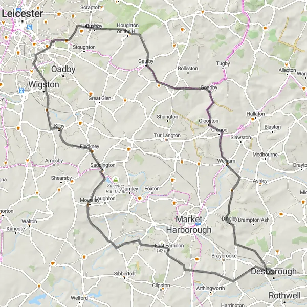 Map miniature of "Northamptonshire Road Explorer" cycling inspiration in Leicestershire, Rutland and Northamptonshire, United Kingdom. Generated by Tarmacs.app cycling route planner