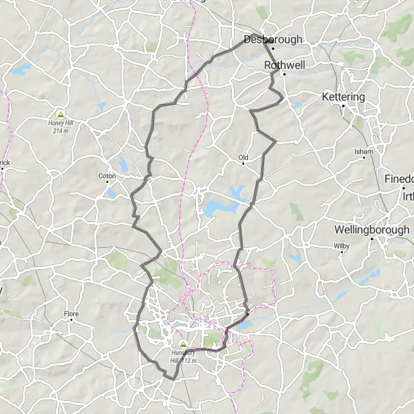 Map miniature of "Scenic Road Loop around Desborough" cycling inspiration in Leicestershire, Rutland and Northamptonshire, United Kingdom. Generated by Tarmacs.app cycling route planner