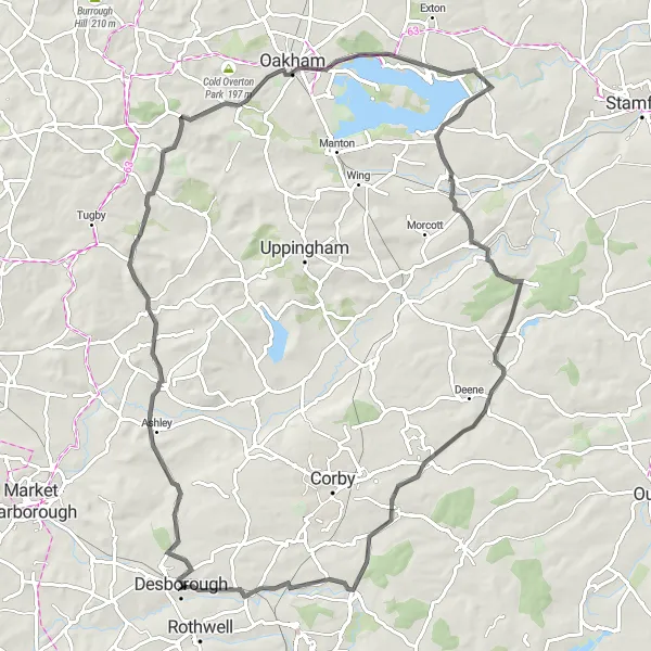 Map miniature of "Panoramic Road Loop through Northamptonshire" cycling inspiration in Leicestershire, Rutland and Northamptonshire, United Kingdom. Generated by Tarmacs.app cycling route planner