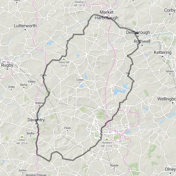 Map miniature of "Leicestershire Road Challenge" cycling inspiration in Leicestershire, Rutland and Northamptonshire, United Kingdom. Generated by Tarmacs.app cycling route planner