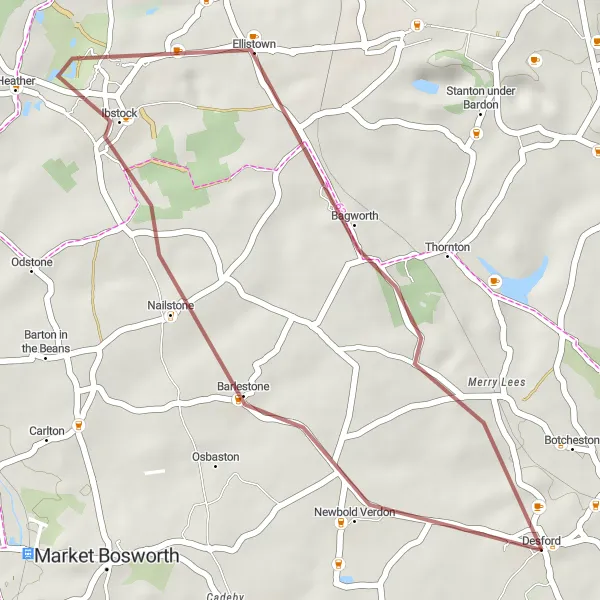 Map miniature of "Relaxing Gravel Ride in Northamptonshire" cycling inspiration in Leicestershire, Rutland and Northamptonshire, United Kingdom. Generated by Tarmacs.app cycling route planner