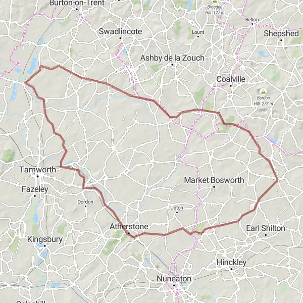 Map miniature of "Scenic Gravel Route with Historical Highlights" cycling inspiration in Leicestershire, Rutland and Northamptonshire, United Kingdom. Generated by Tarmacs.app cycling route planner