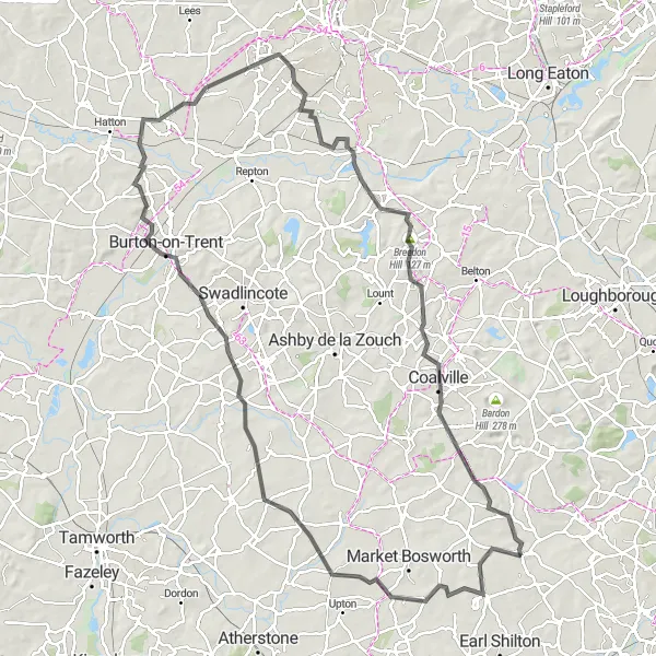 Map miniature of "Challenging Loop through Leicestershire Countryside" cycling inspiration in Leicestershire, Rutland and Northamptonshire, United Kingdom. Generated by Tarmacs.app cycling route planner