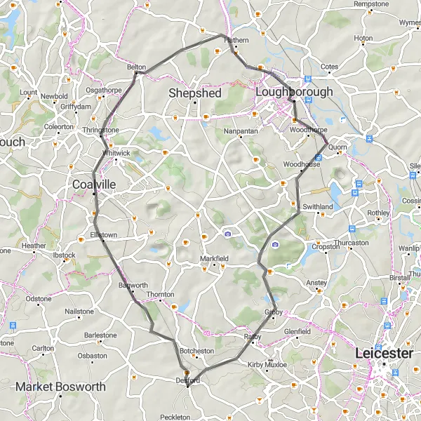 Map miniature of "Coalville and John's Hill Ride" cycling inspiration in Leicestershire, Rutland and Northamptonshire, United Kingdom. Generated by Tarmacs.app cycling route planner