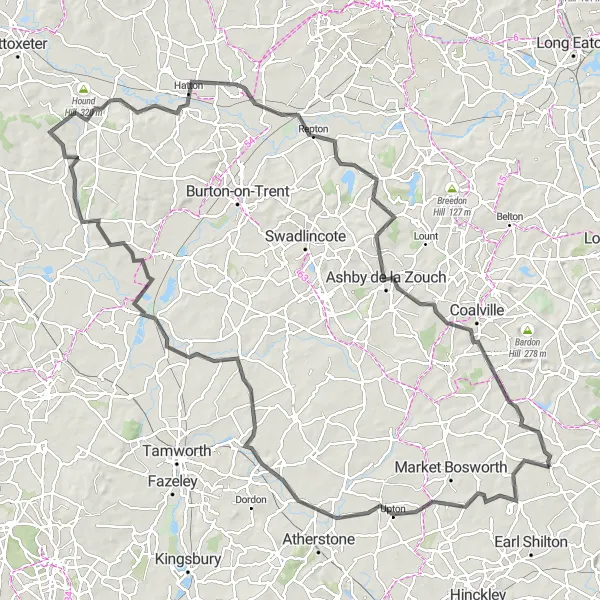 Map miniature of "Leicestershire Grand Loop" cycling inspiration in Leicestershire, Rutland and Northamptonshire, United Kingdom. Generated by Tarmacs.app cycling route planner