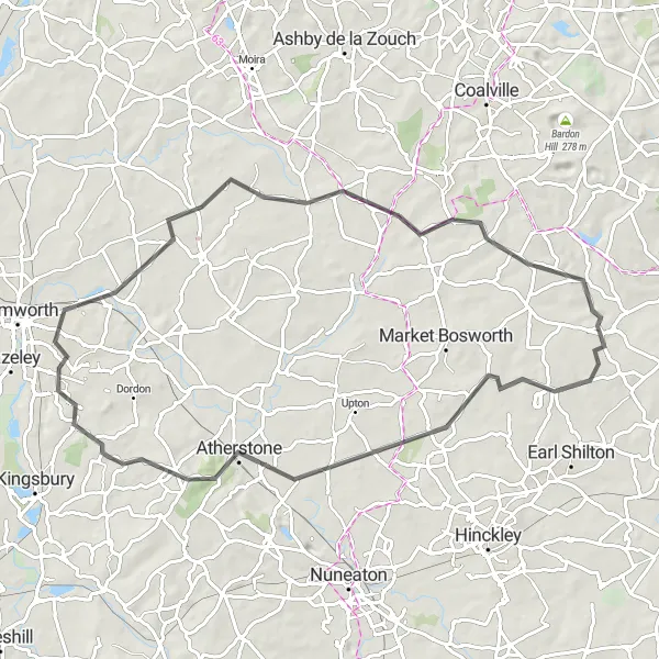 Map miniature of "Battle of Bosworth Loop" cycling inspiration in Leicestershire, Rutland and Northamptonshire, United Kingdom. Generated by Tarmacs.app cycling route planner