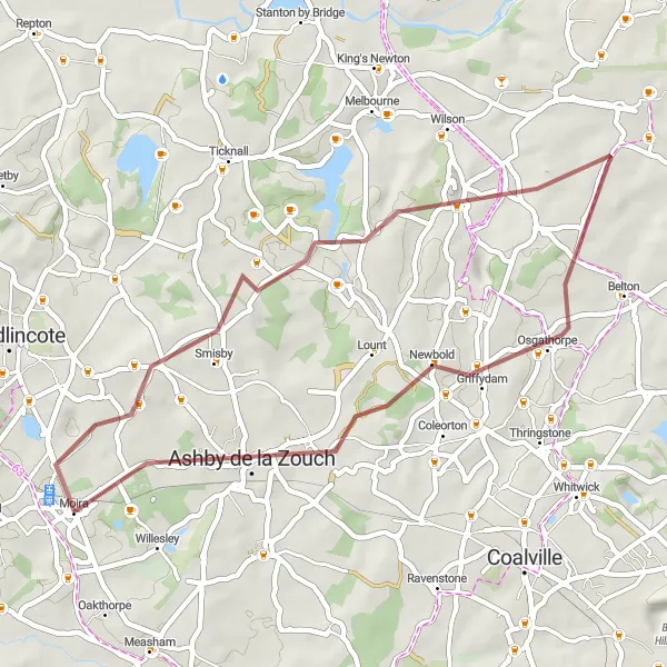 Map miniature of "Breedon Hill Gravel Adventure" cycling inspiration in Leicestershire, Rutland and Northamptonshire, United Kingdom. Generated by Tarmacs.app cycling route planner