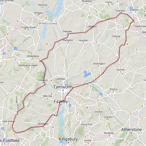 Map miniature of "Donisthorpe to Newton Regis and The Lookout Gravel Route" cycling inspiration in Leicestershire, Rutland and Northamptonshire, United Kingdom. Generated by Tarmacs.app cycling route planner