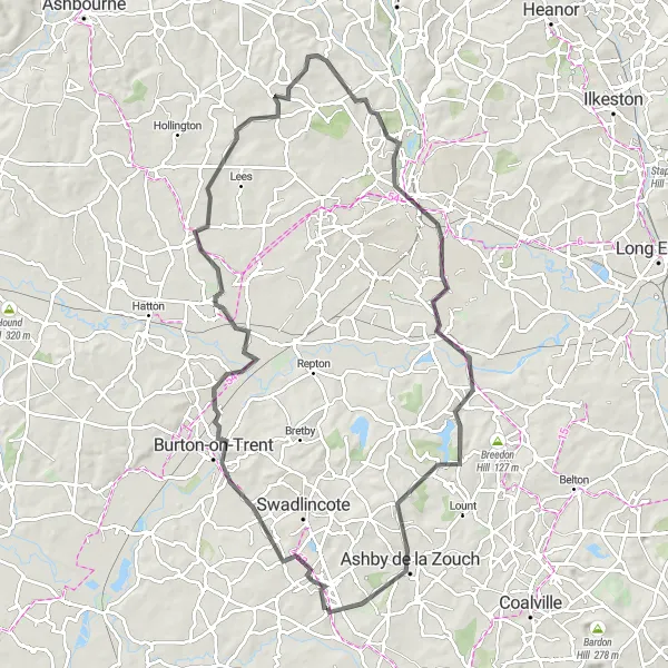Map miniature of "Derbyshire Delight" cycling inspiration in Leicestershire, Rutland and Northamptonshire, United Kingdom. Generated by Tarmacs.app cycling route planner