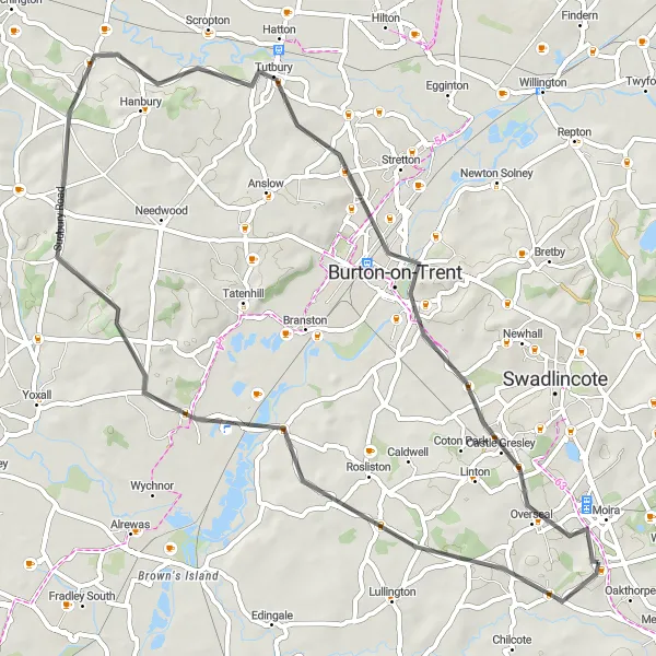 Map miniature of "Donisthorpe to Draycott in the Clay and Castle Gresley Road Route" cycling inspiration in Leicestershire, Rutland and Northamptonshire, United Kingdom. Generated by Tarmacs.app cycling route planner