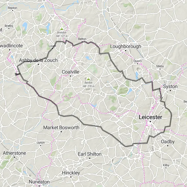 Map miniature of "The Stunning Rutland Route" cycling inspiration in Leicestershire, Rutland and Northamptonshire, United Kingdom. Generated by Tarmacs.app cycling route planner