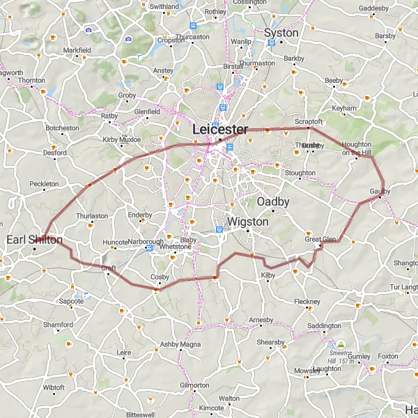 Map miniature of "Scenic gravel ride to Leicester Castle" cycling inspiration in Leicestershire, Rutland and Northamptonshire, United Kingdom. Generated by Tarmacs.app cycling route planner