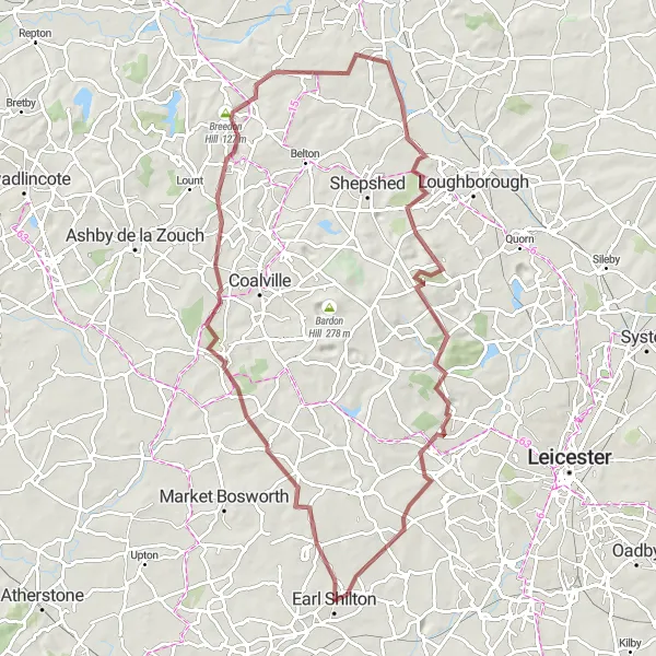 Map miniature of "Earl Shilton to Breedon Hill Gravel Route" cycling inspiration in Leicestershire, Rutland and Northamptonshire, United Kingdom. Generated by Tarmacs.app cycling route planner