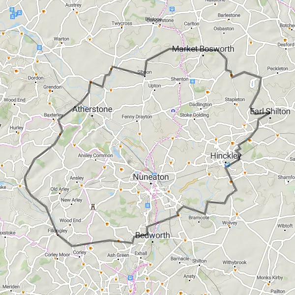 Map miniature of "Scenic North Warwickshire Road Loop" cycling inspiration in Leicestershire, Rutland and Northamptonshire, United Kingdom. Generated by Tarmacs.app cycling route planner