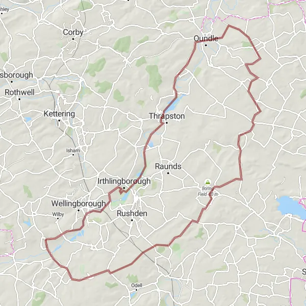 Map miniature of "The Gravel Explorer" cycling inspiration in Leicestershire, Rutland and Northamptonshire, United Kingdom. Generated by Tarmacs.app cycling route planner