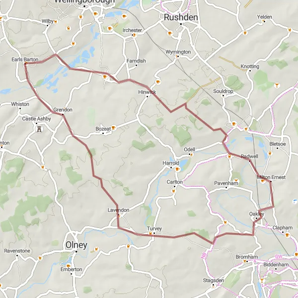 Map miniature of "Gravel Delight" cycling inspiration in Leicestershire, Rutland and Northamptonshire, United Kingdom. Generated by Tarmacs.app cycling route planner