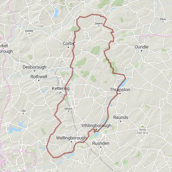 Map miniature of "Rutland Gravel Adventure" cycling inspiration in Leicestershire, Rutland and Northamptonshire, United Kingdom. Generated by Tarmacs.app cycling route planner