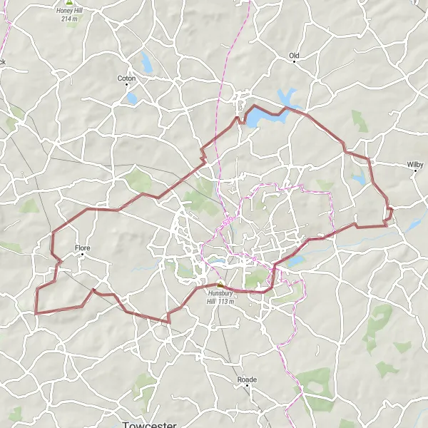 Map miniature of "Hunsbury Gravel Adventure" cycling inspiration in Leicestershire, Rutland and Northamptonshire, United Kingdom. Generated by Tarmacs.app cycling route planner