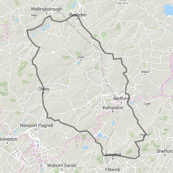 Map miniature of "Earls Barton Century Loop" cycling inspiration in Leicestershire, Rutland and Northamptonshire, United Kingdom. Generated by Tarmacs.app cycling route planner