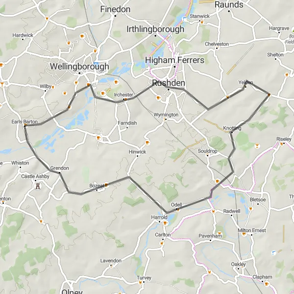 Map miniature of "Rushden Ride" cycling inspiration in Leicestershire, Rutland and Northamptonshire, United Kingdom. Generated by Tarmacs.app cycling route planner