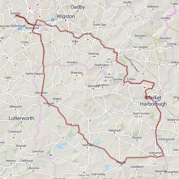 Map miniature of "Glen Parva to Foxton Locks Gravel Adventure" cycling inspiration in Leicestershire, Rutland and Northamptonshire, United Kingdom. Generated by Tarmacs.app cycling route planner