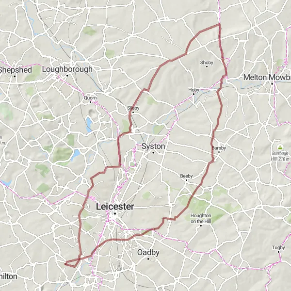 Map miniature of "New Parks to Old Dalby Gravel Adventure" cycling inspiration in Leicestershire, Rutland and Northamptonshire, United Kingdom. Generated by Tarmacs.app cycling route planner