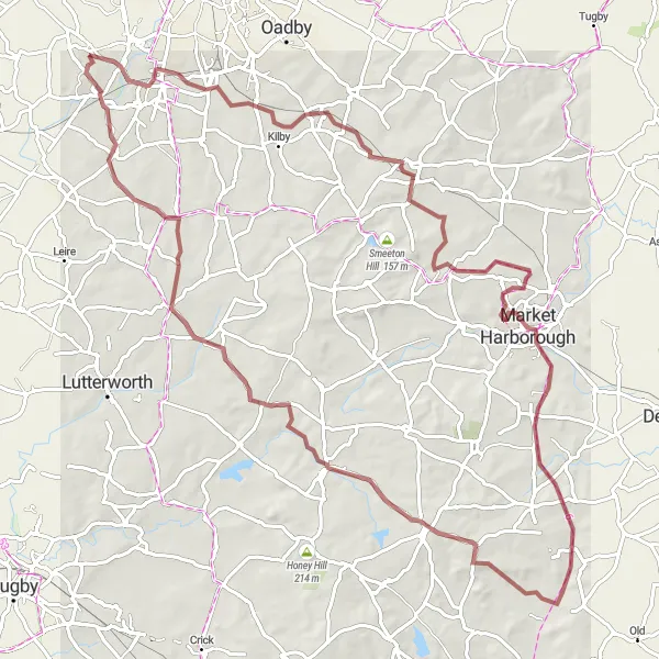 Map miniature of "Ironstone Ridge Adventure" cycling inspiration in Leicestershire, Rutland and Northamptonshire, United Kingdom. Generated by Tarmacs.app cycling route planner