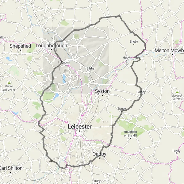 Map miniature of "Enderby to Newtown Linford Loop" cycling inspiration in Leicestershire, Rutland and Northamptonshire, United Kingdom. Generated by Tarmacs.app cycling route planner