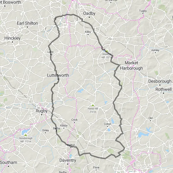 Map miniature of "Northamptonshire Epic Ride" cycling inspiration in Leicestershire, Rutland and Northamptonshire, United Kingdom. Generated by Tarmacs.app cycling route planner