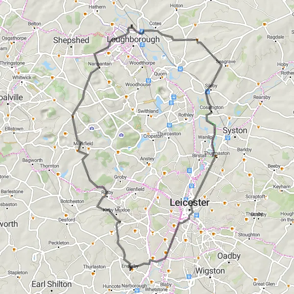 Map miniature of "Enderby Round Trip" cycling inspiration in Leicestershire, Rutland and Northamptonshire, United Kingdom. Generated by Tarmacs.app cycling route planner