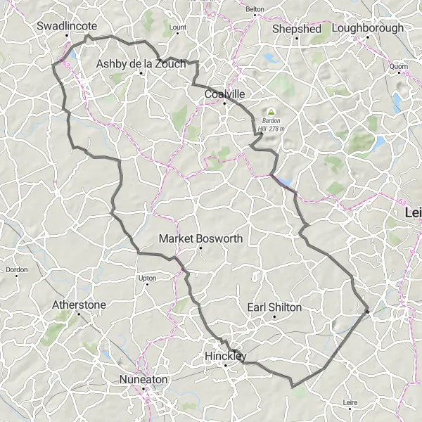 Map miniature of "Rutland Explorer" cycling inspiration in Leicestershire, Rutland and Northamptonshire, United Kingdom. Generated by Tarmacs.app cycling route planner