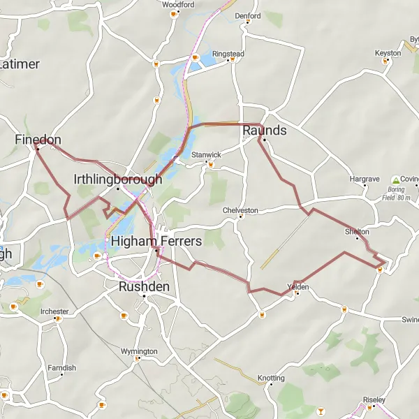 Map miniature of "Raunds to Finedon Gravel Ride" cycling inspiration in Leicestershire, Rutland and Northamptonshire, United Kingdom. Generated by Tarmacs.app cycling route planner