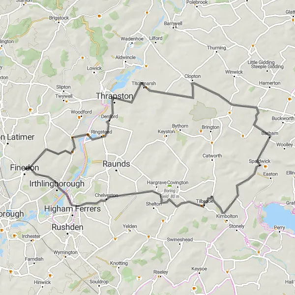 Map miniature of "Finedon Scenic Route" cycling inspiration in Leicestershire, Rutland and Northamptonshire, United Kingdom. Generated by Tarmacs.app cycling route planner