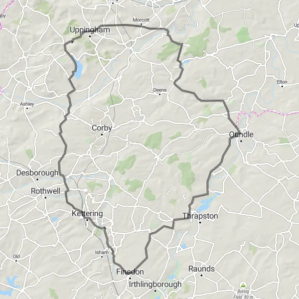 Map miniature of "Kettering to Twywell Epic Road Ride" cycling inspiration in Leicestershire, Rutland and Northamptonshire, United Kingdom. Generated by Tarmacs.app cycling route planner