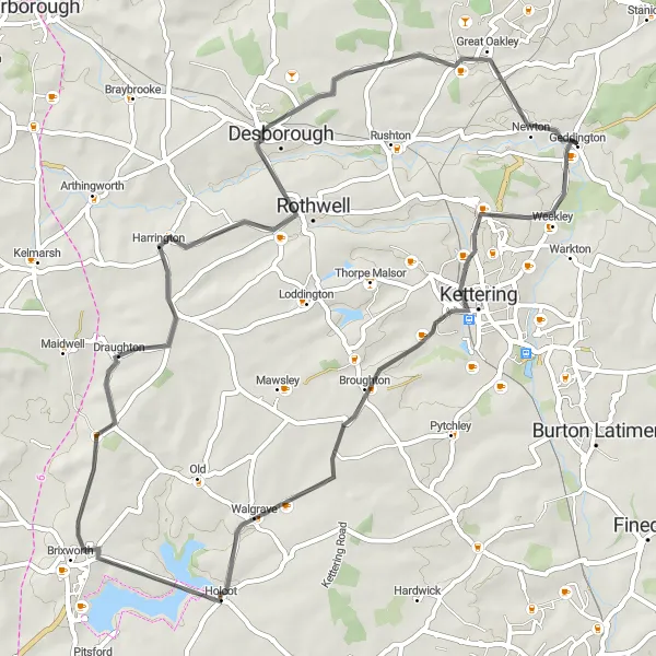 Map miniature of "Geddington to Brixworth Loop" cycling inspiration in Leicestershire, Rutland and Northamptonshire, United Kingdom. Generated by Tarmacs.app cycling route planner