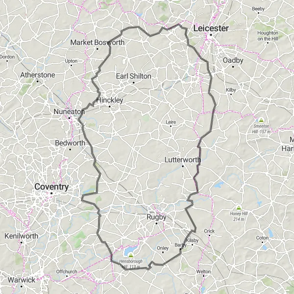 Map miniature of "Countesthorpe to Ratby Road Loop" cycling inspiration in Leicestershire, Rutland and Northamptonshire, United Kingdom. Generated by Tarmacs.app cycling route planner