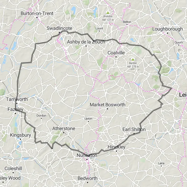 Map miniature of "Challenging Road Adventure" cycling inspiration in Leicestershire, Rutland and Northamptonshire, United Kingdom. Generated by Tarmacs.app cycling route planner