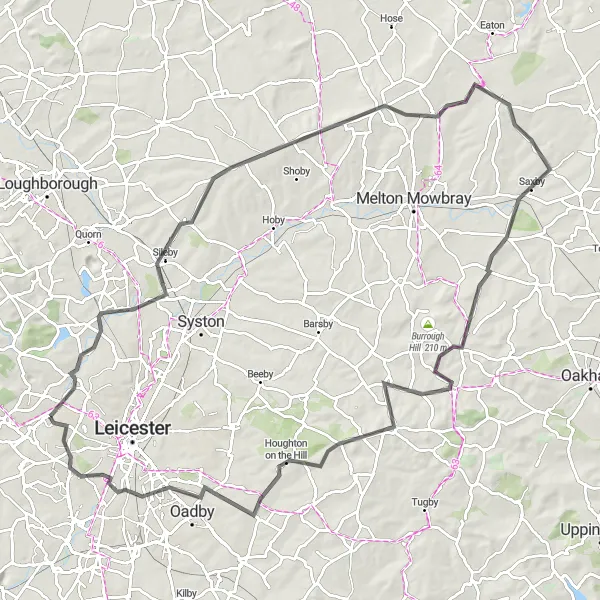 Map miniature of "Leicester-to-Tilton-on-the-Hill Road Loop" cycling inspiration in Leicestershire, Rutland and Northamptonshire, United Kingdom. Generated by Tarmacs.app cycling route planner