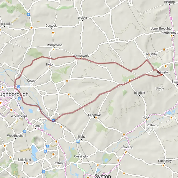 Map miniature of "Country Lanes and Villages Gravel Loop" cycling inspiration in Leicestershire, Rutland and Northamptonshire, United Kingdom. Generated by Tarmacs.app cycling route planner