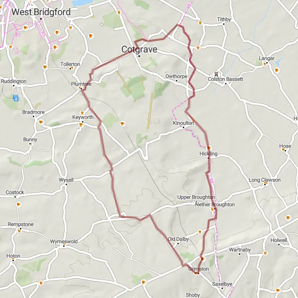 Map miniature of "Windmills and Hills Gravel Loop" cycling inspiration in Leicestershire, Rutland and Northamptonshire, United Kingdom. Generated by Tarmacs.app cycling route planner