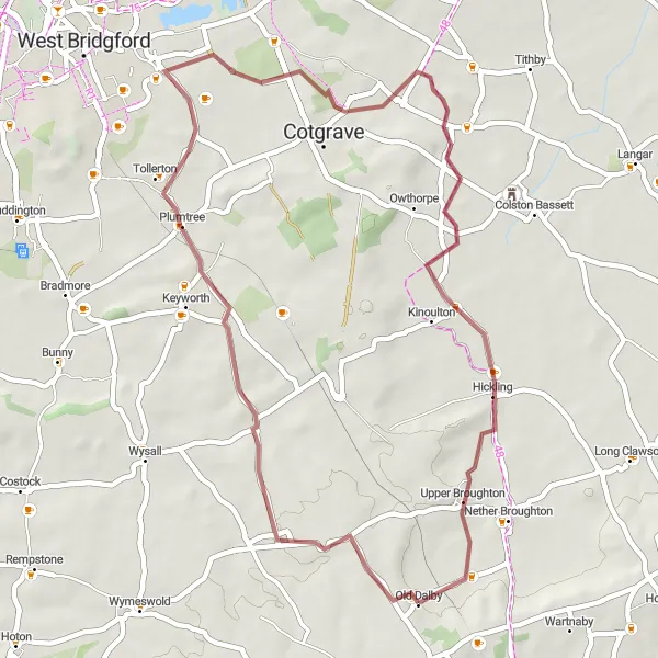 Map miniature of "Woodland and Pastoral Gravel Loop" cycling inspiration in Leicestershire, Rutland and Northamptonshire, United Kingdom. Generated by Tarmacs.app cycling route planner