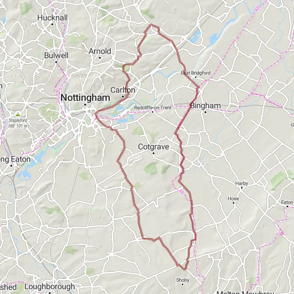 Map miniature of "Exploring the Nottinghamshire Trails" cycling inspiration in Leicestershire, Rutland and Northamptonshire, United Kingdom. Generated by Tarmacs.app cycling route planner