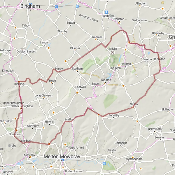 Map miniature of "Scenic Country Gravel Adventure" cycling inspiration in Leicestershire, Rutland and Northamptonshire, United Kingdom. Generated by Tarmacs.app cycling route planner