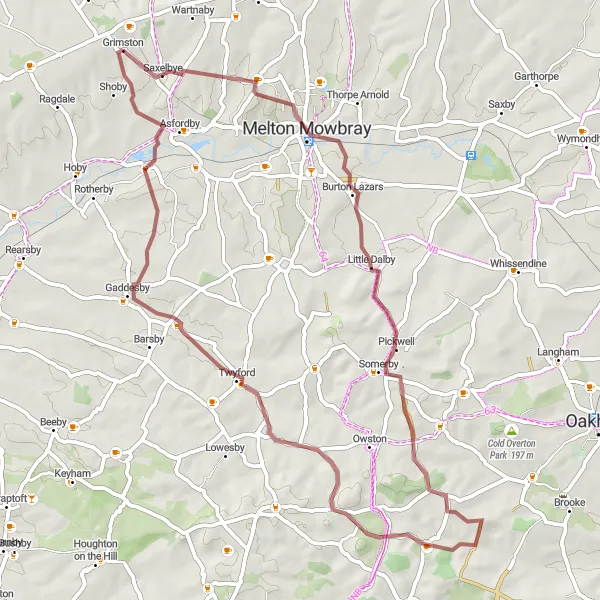 Map miniature of "Leicestershire Gravel Adventure" cycling inspiration in Leicestershire, Rutland and Northamptonshire, United Kingdom. Generated by Tarmacs.app cycling route planner