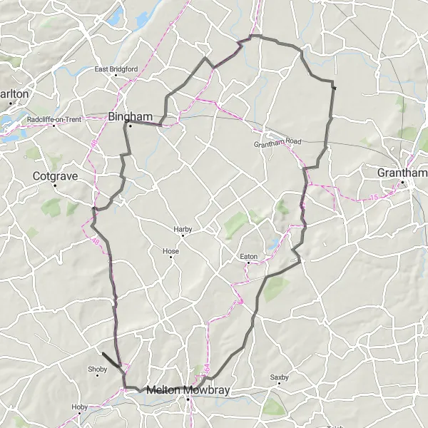 Map miniature of "Vale of Belvoir Loop" cycling inspiration in Leicestershire, Rutland and Northamptonshire, United Kingdom. Generated by Tarmacs.app cycling route planner
